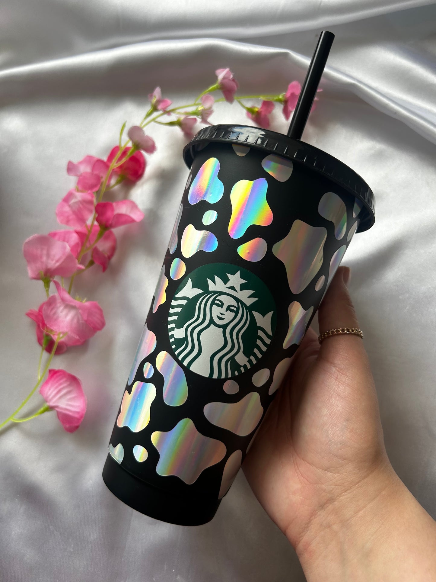 Holographic cow print black logo cold cup