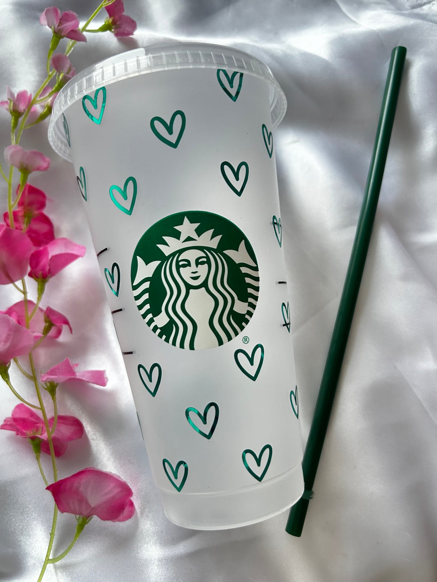 Teal shiny heart logo cold cup